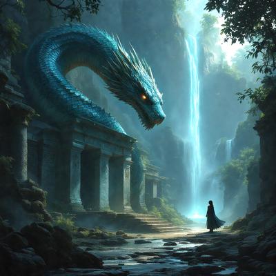 The primary subject of the image is a large blue dragon, which is the main object, scene, or focus of the image. The dragon is standing in front of a waterfall, creating a dramatic and captivating scene. The setting is a lush, green environment, with the waterfall serving as a prominent backdrop. The visual style of the image is digital art, as it is a detailed and intricate illustration of the dragon and its surroundings. The dominant colors in the image are blue and green